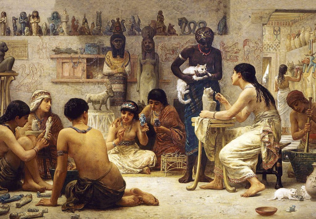 Los gatos durante el Antiguo Egipto, presentes en ámbitos como el doméstico yel religioso. Óleo por Edwin Long (1878)