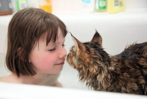 Gata y niña bañándose | Foto: http://irisgracepainting.com/